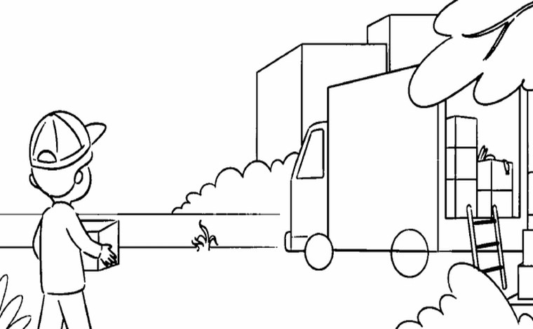 A coloring page of a moving truck