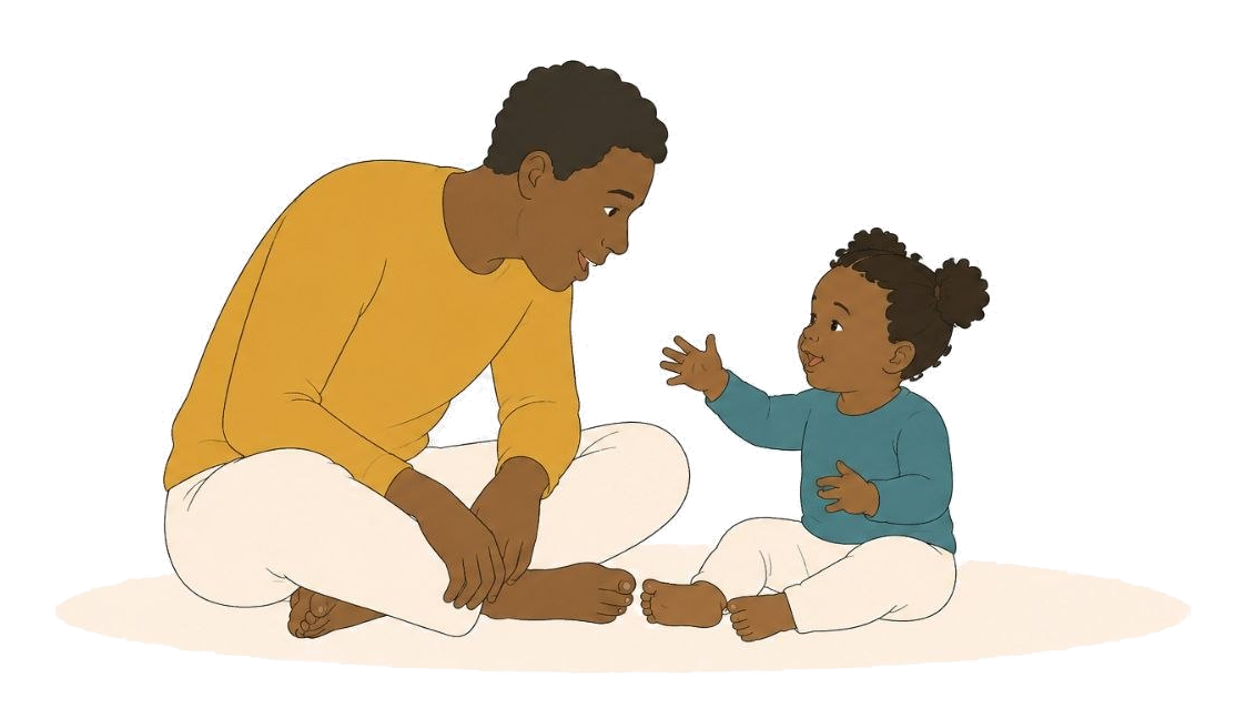 A father and his baby daughter sitting on the floor, facing each other