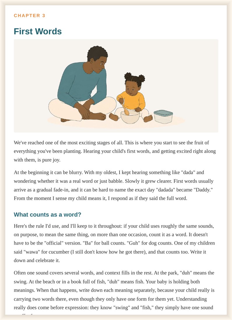 A chapter opening from the guide, headed First Words, with an illustration of a father and his daughter