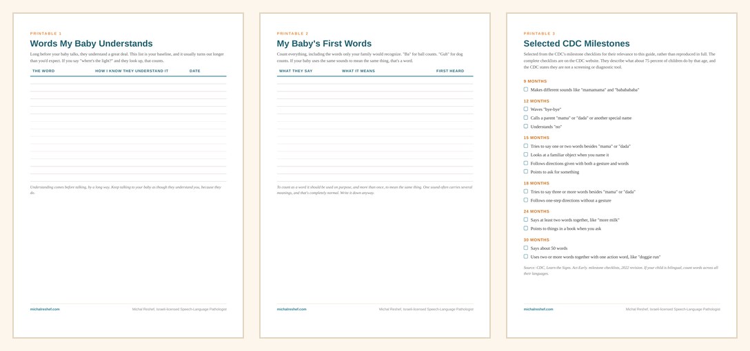 Three of the printable companion pages side by side: Words My Baby Understands, My Baby's First Words, and Selected CDC Milestones